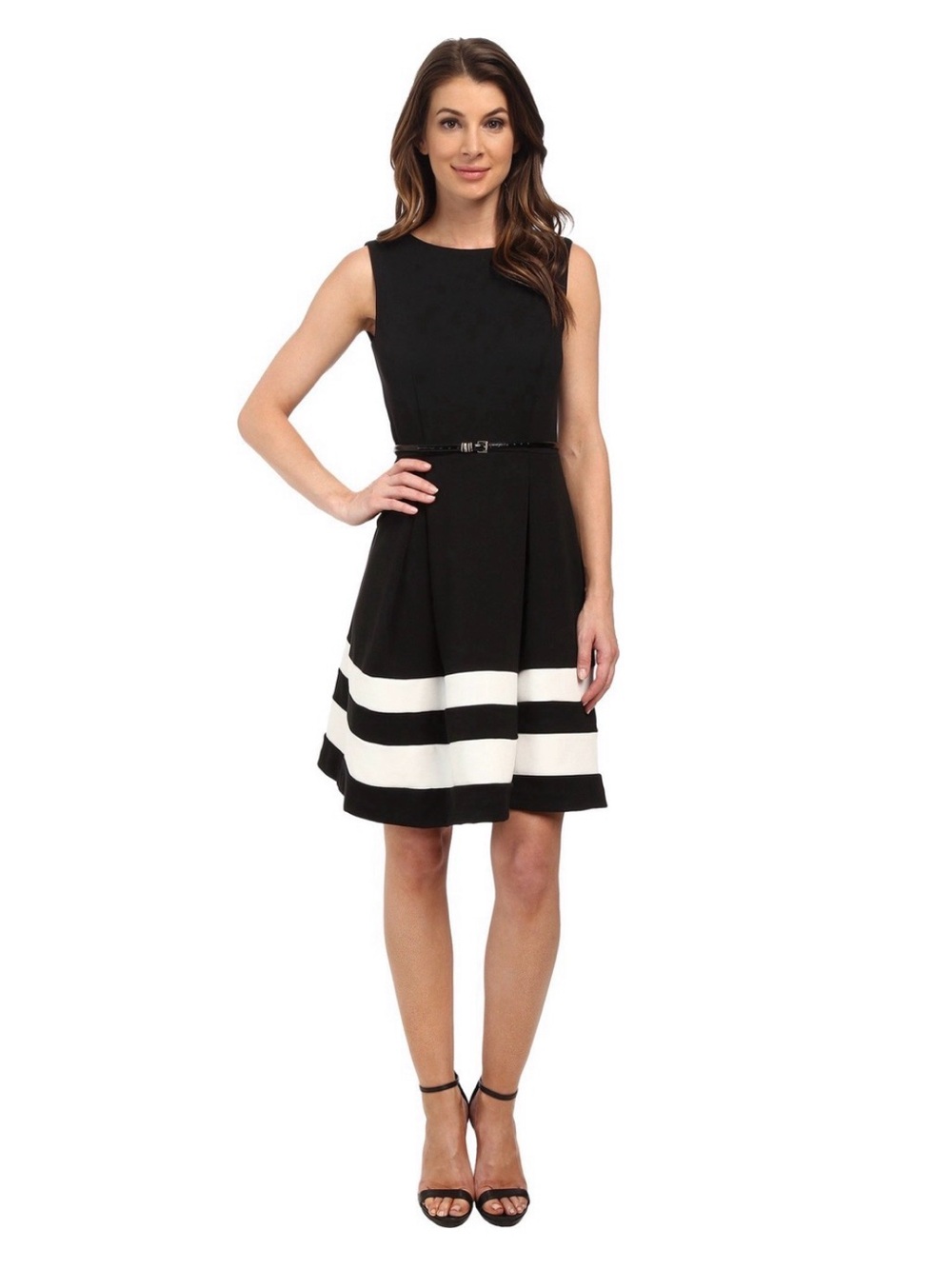 4 Calvin Klein Women’s Black Sleeveless Fit-and-Flare Dress White Stripes Formal